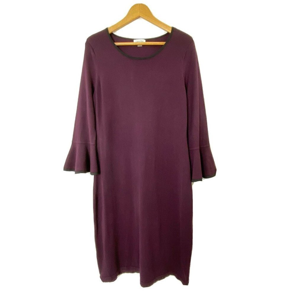 Calvin Klein Women's L Scoop Neck Bell Sleeve Knee Length Sweater Dress Burgundy